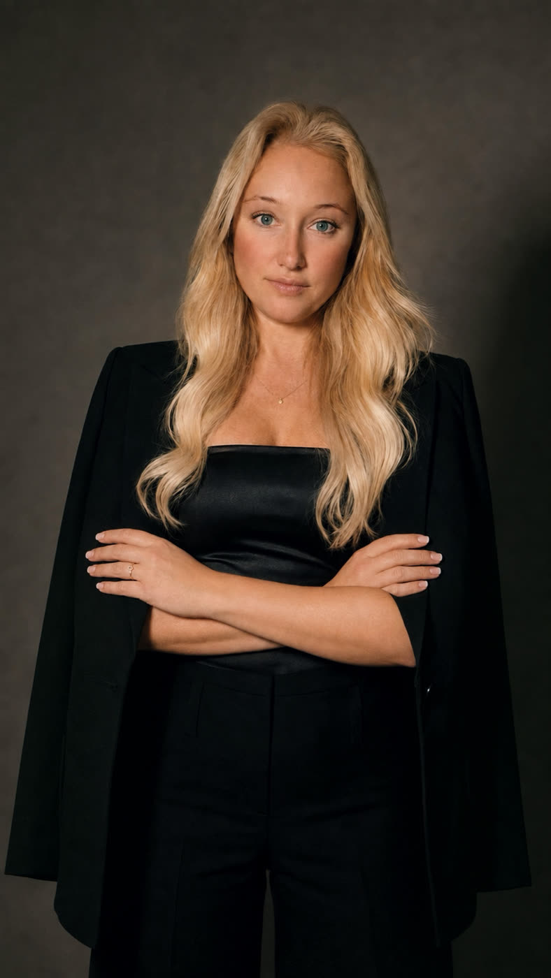 Portrait of Hannah Lee with her arms crossed, blazer over her shoulders