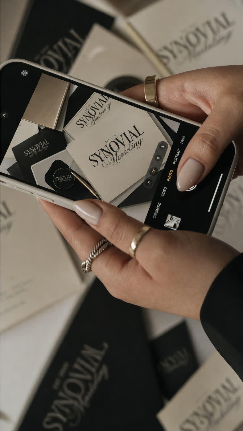 A phone photographing a spread of Synovial Marketing business cards and stationery