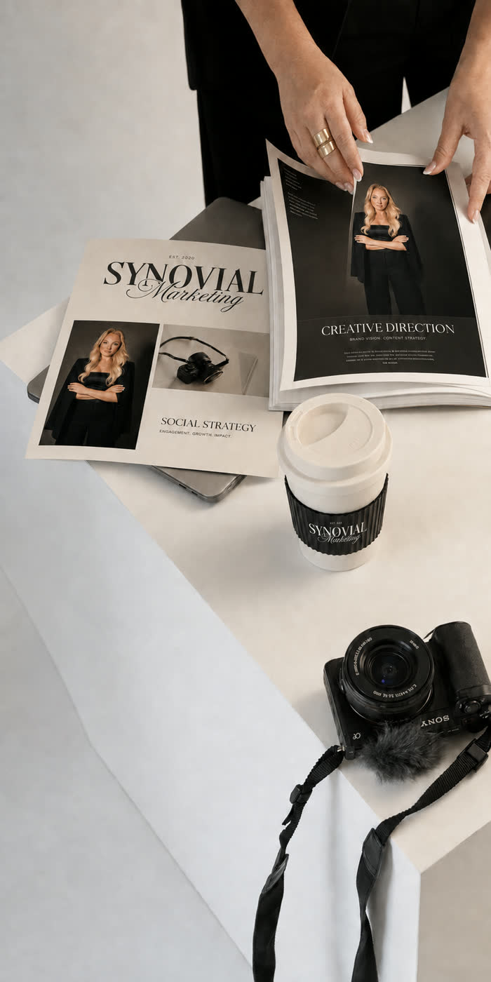Printed Synovial Marketing spreads, a branded cup, and a camera arranged on a studio table