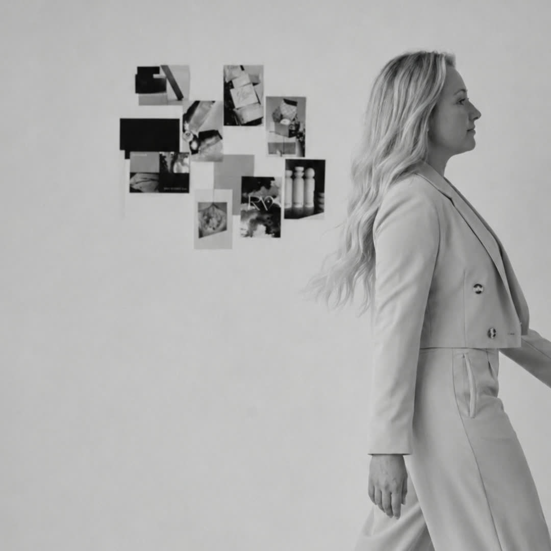 Hannah walking past a wall of pinned content cards in a bright studio