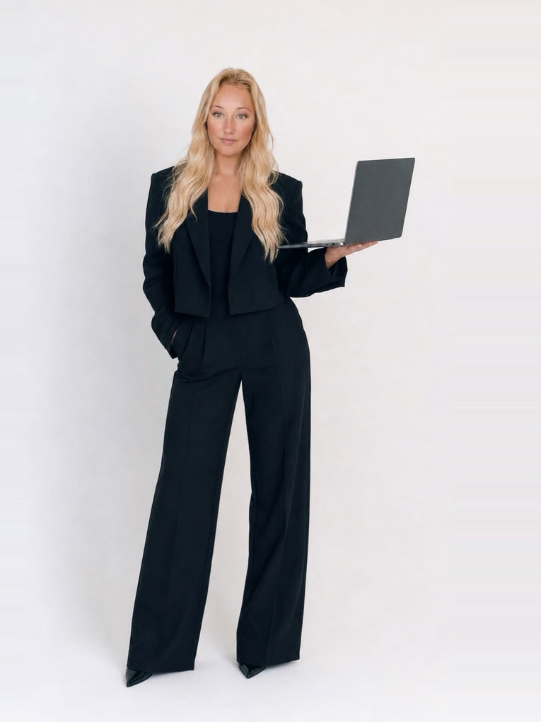 Hannah standing in a black suit, holding an open laptop