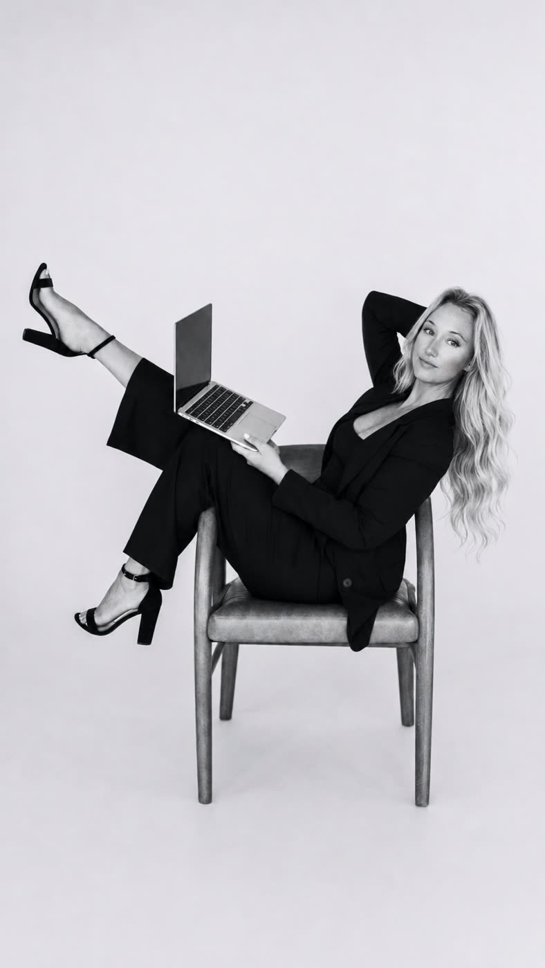 Hannah leaned back in a chair with her laptop, one heel kicked high