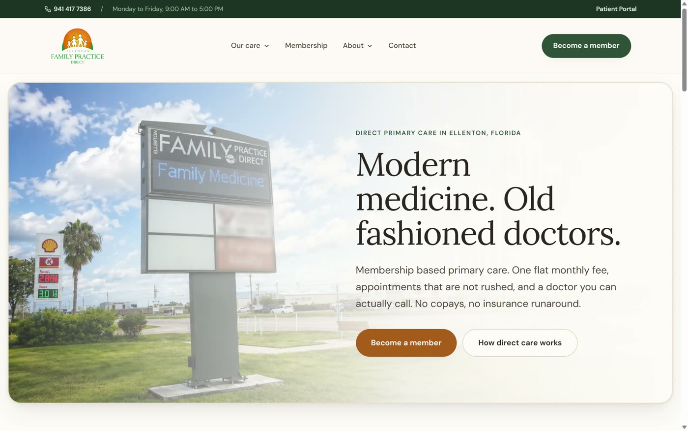 The Ellenton Family Practice Direct home page, cream and green with a serif headline