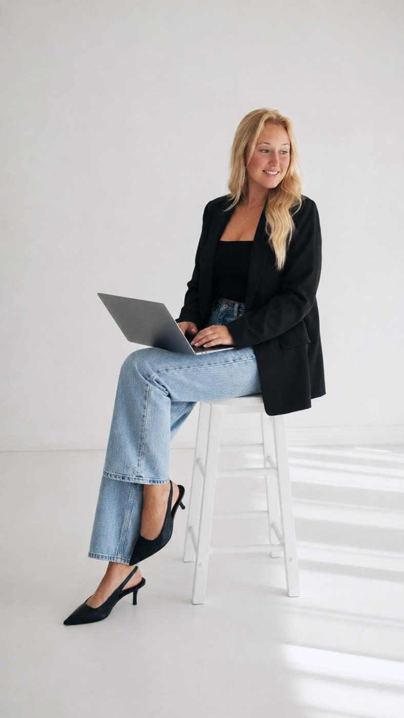 Hannah, founder of Synovial, seated on a stool working on her laptop