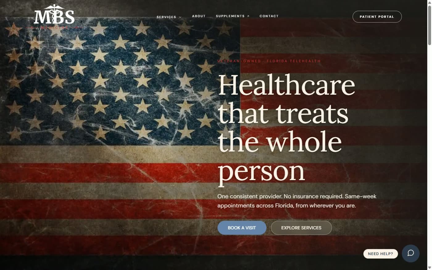 The MBS Medicine home page, a weathered American flag behind a serif headline