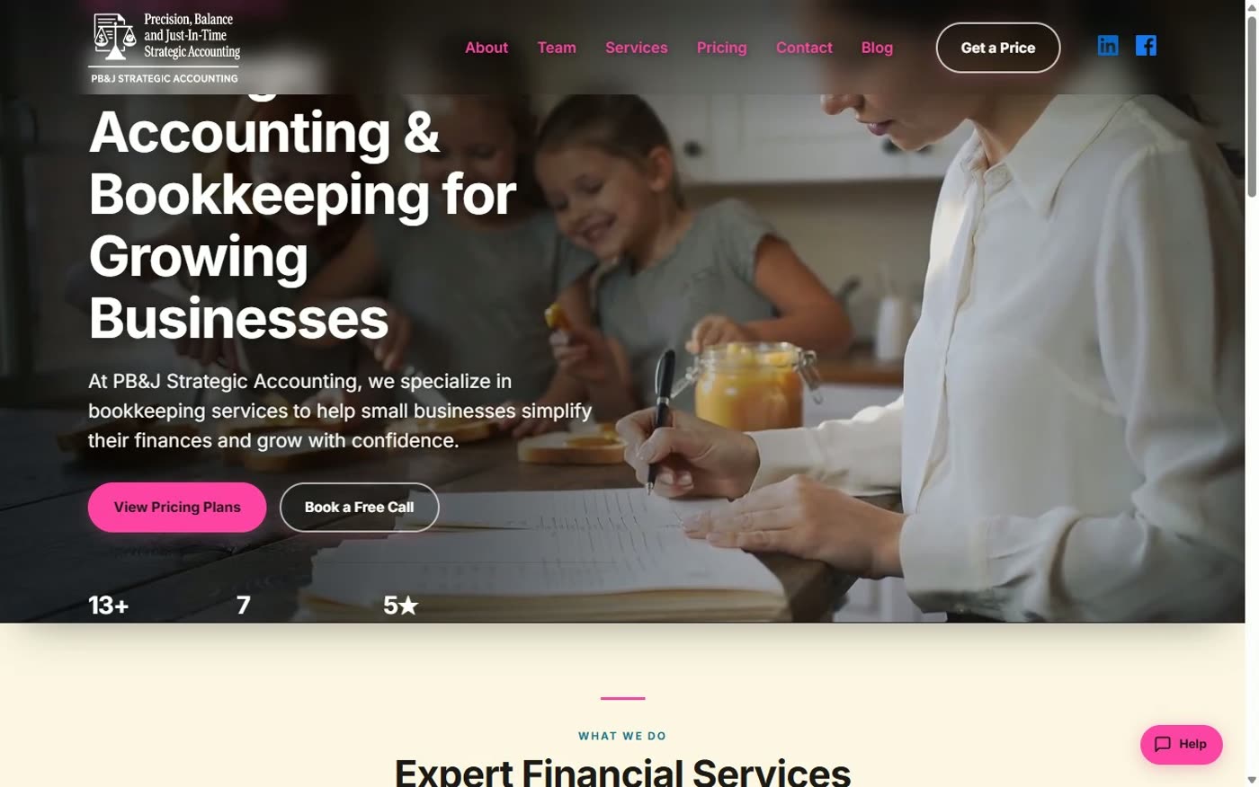 The PB&J Strategic Accounting home page, bold pink accents over a family kitchen scene