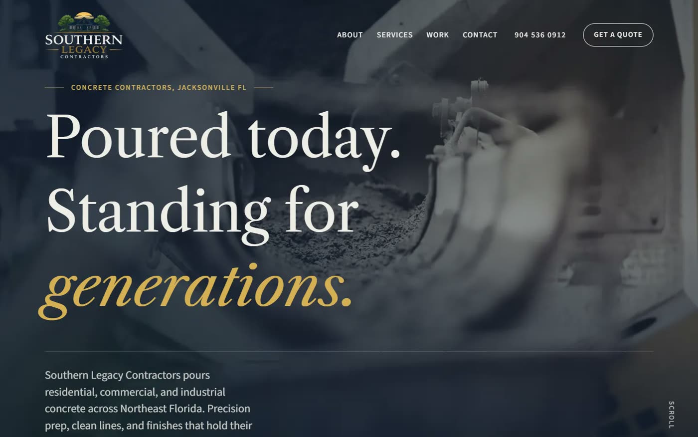 The Southern Legacy Contractors home page, navy and gold with a painterly crest