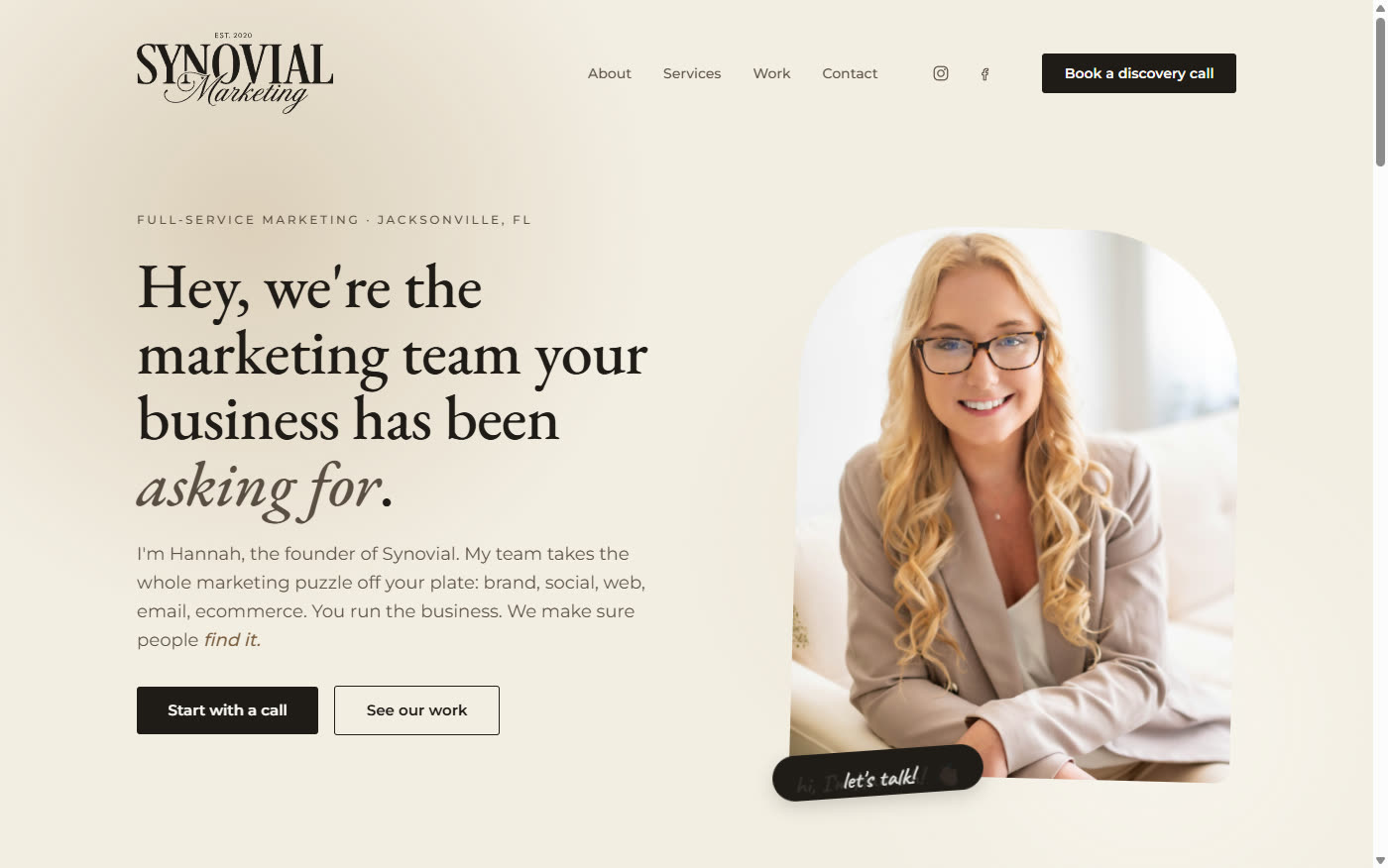 The Synovial Marketing home page, alabaster and onyx with the script wordmark
