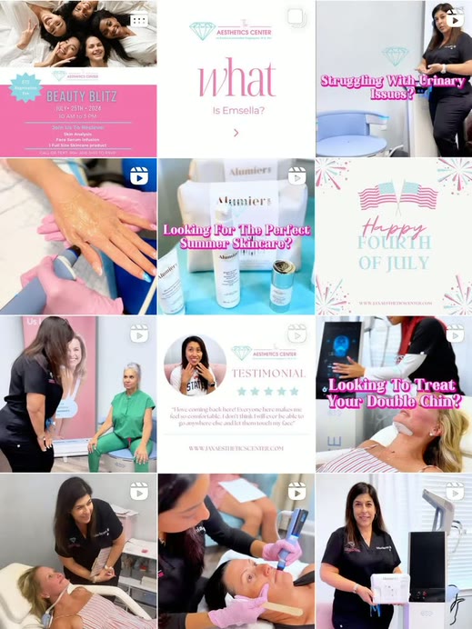 The Aesthetics Center's Instagram grid after working with Synovial Marketing, twelve branded tiles mixing treatment explainer videos, an Emsella card, a client testimonial, an AlumierMD skincare offer, a Beauty Blitz event graphic, and a Fourth of July post