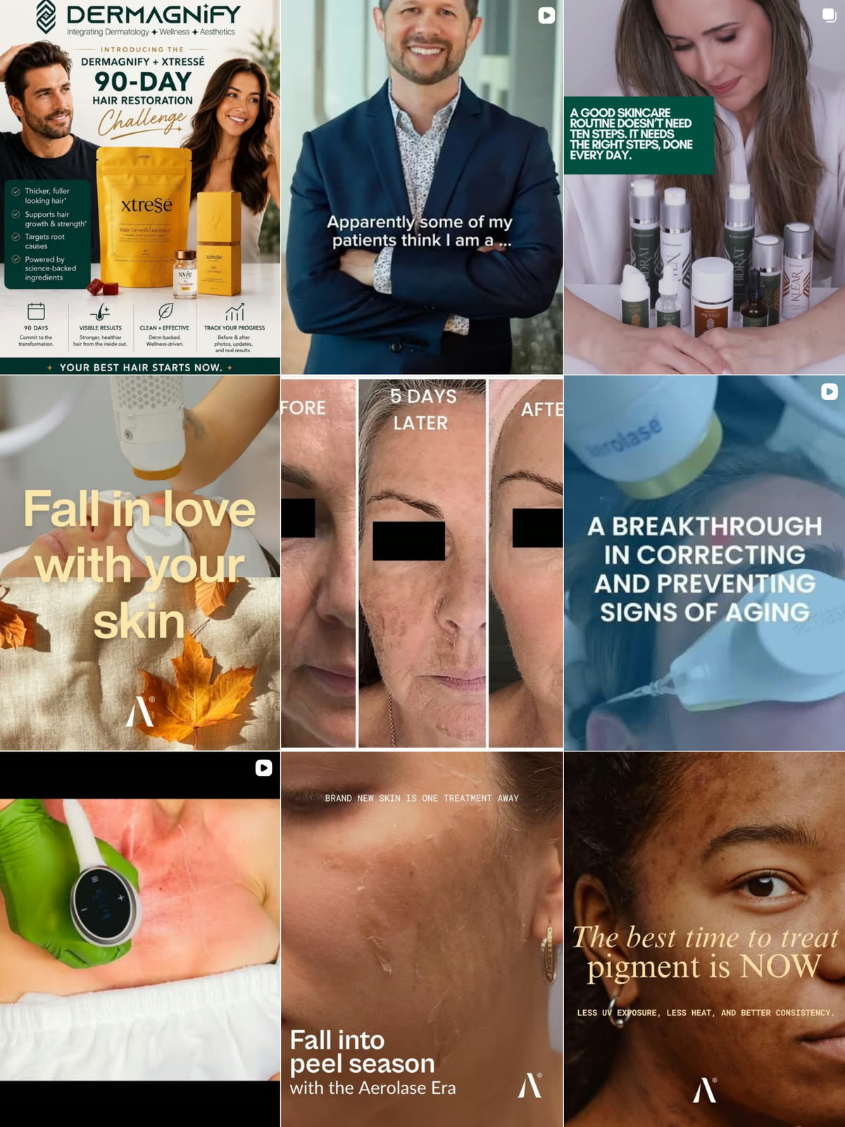 Dermagnify's Instagram grid, nine posts of treatments, products and in-office content, including clinical before and after photographs, captured September 2026