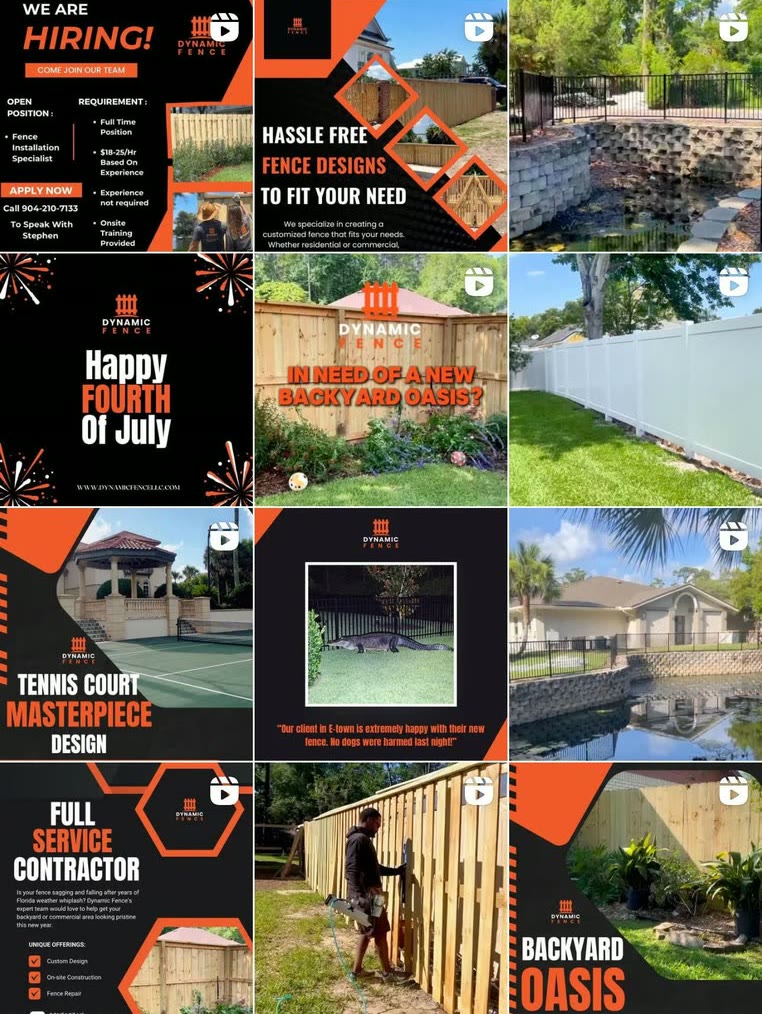 Dynamic Fence's Instagram grid after the rebuild, orange and black branded tiles for hiring, fence designs, the Fourth of July and a full service list, mixed with plain photographs of finished installs and a customer's alligator picture, most of them Reels