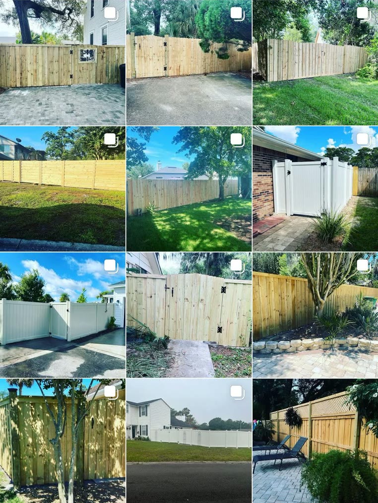 Dynamic Fence's Instagram grid before working with Synovial Marketing, twelve plain phone photographs of finished wood and white vinyl fences, every tile a carousel, with no branding or type on any of them