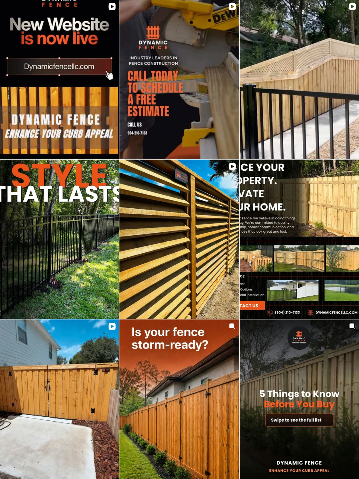 Dynamic Fence's Instagram grid, six branded posts with text overlays and three install photographs, captured September 2026