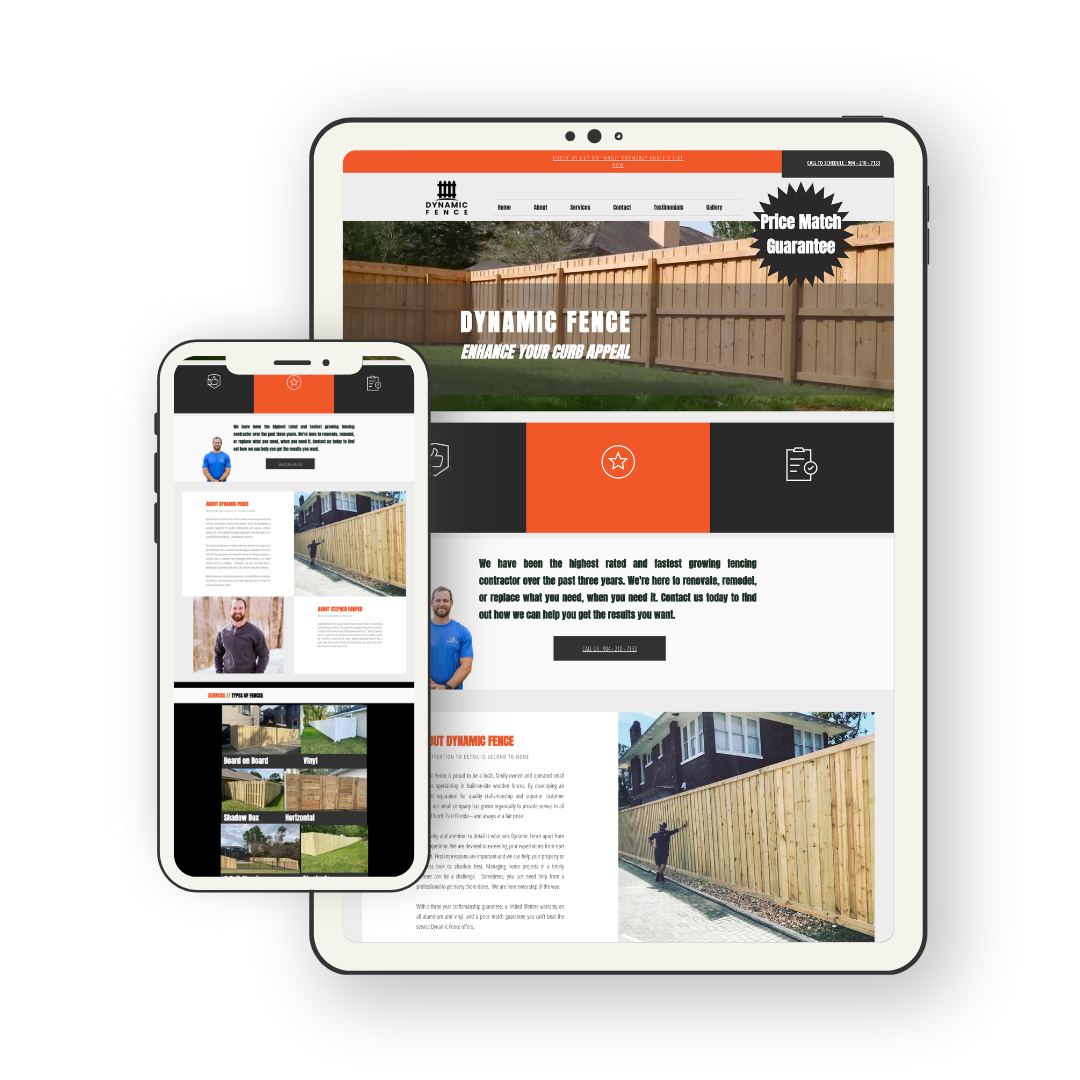 Website mockup for Dynamic Fence displayed on a phone and tablet