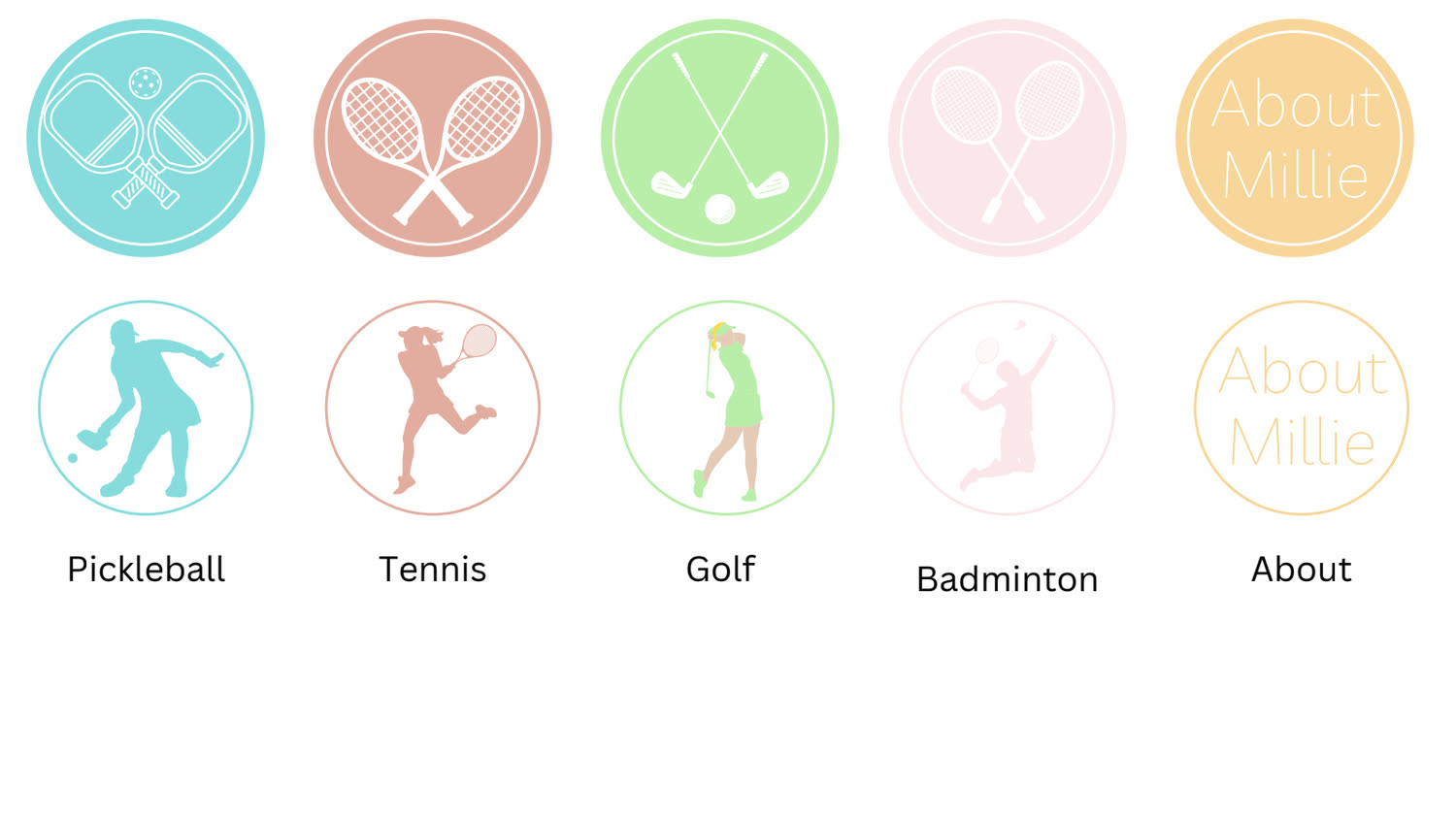 Millie Rose Instagram highlight covers: pickleball, tennis, golf, and badminton icons drawn in the brand's pastel palette