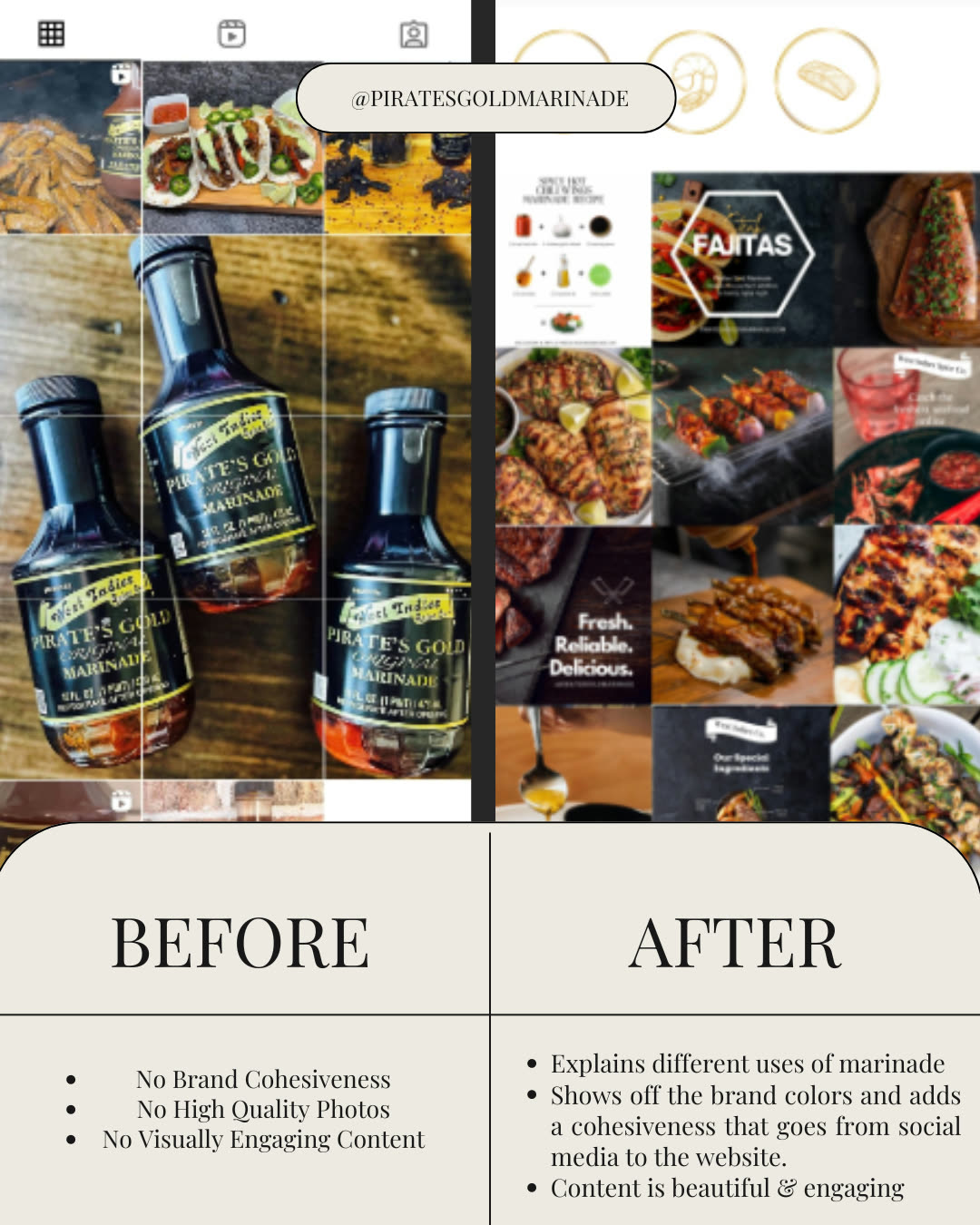 A before and after Instagram collage for the Pirate's Gold marinade brand