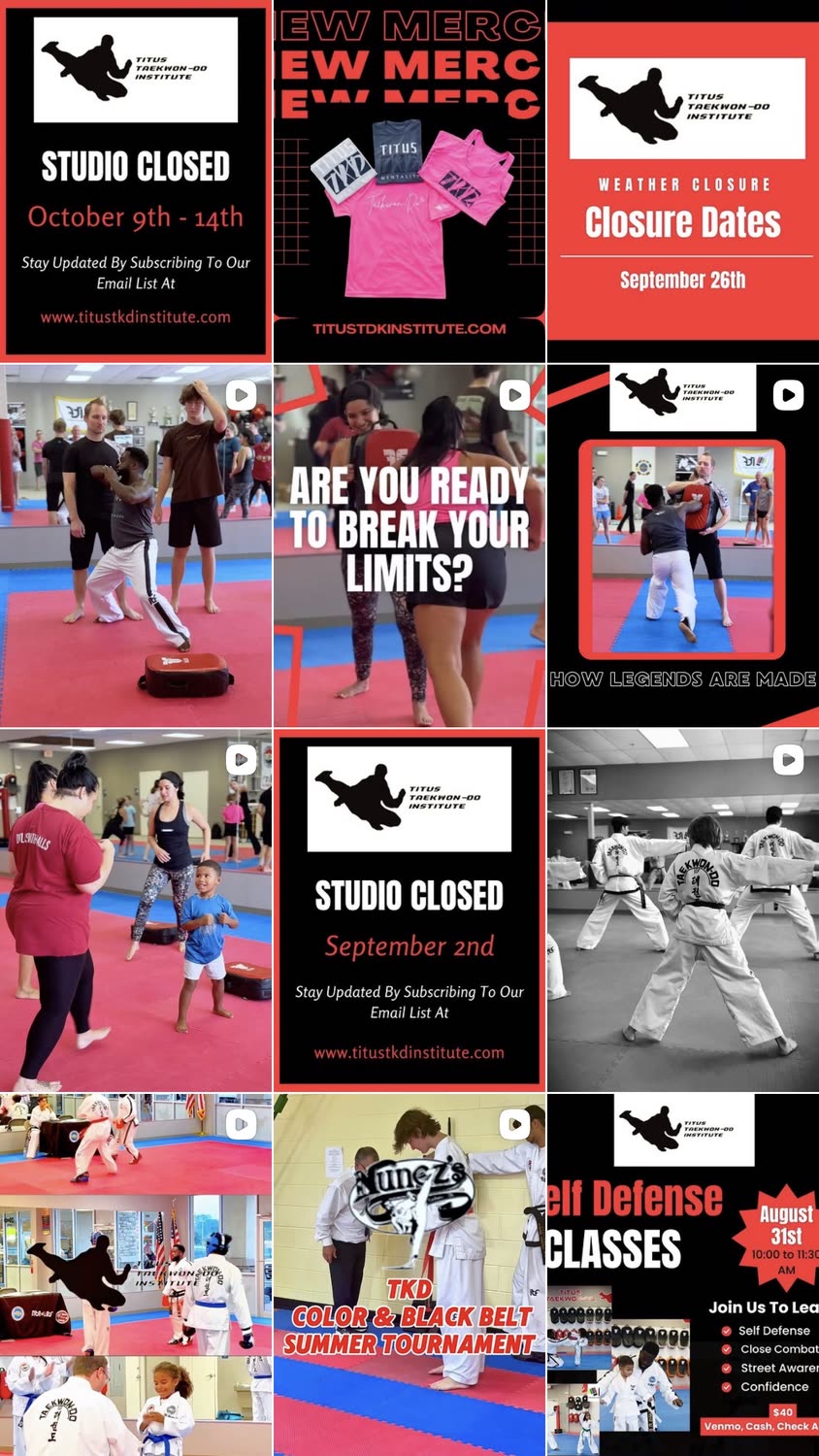 Titus Taekwon-Do Institute's Instagram grid, twelve posts of class and sparring Reels, a summer tournament card, a self defense class announcement, branded merchandise, and studio closure notices, captured September 2026