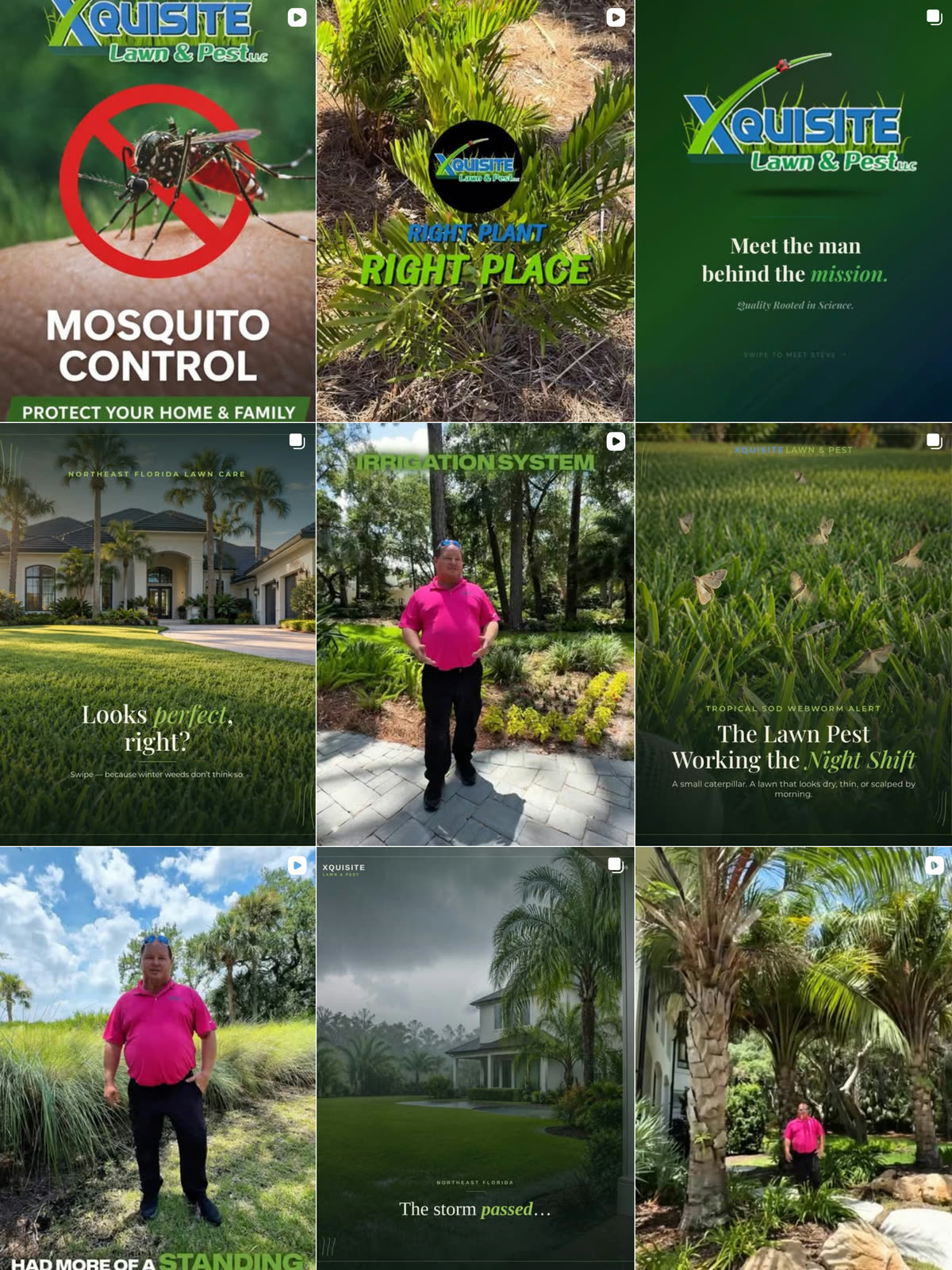 Xquisite Lawn & Pest's Instagram grid, nine posts of mosquito and lawn care content and the owner at work in Northeast Florida yards, captured September 2026