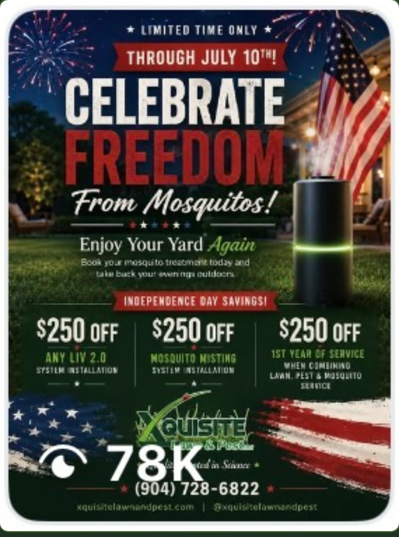 The Celebrate Freedom From Mosquitos post, a July 4th offer of $250 off mosquito and lawn services from Xquisite Lawn & Pest