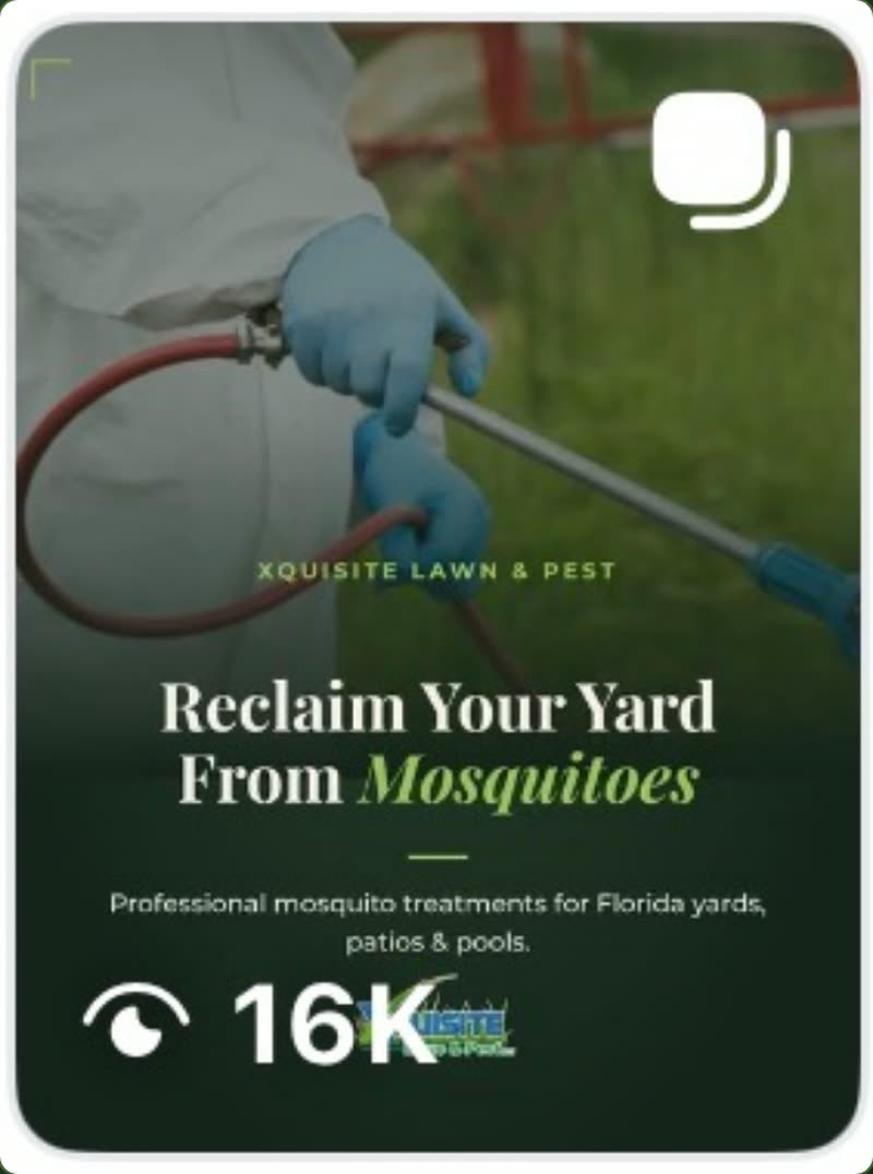 The Reclaim Your Yard From Mosquitoes post, a technician spraying a treatment across a Florida lawn for Xquisite Lawn & Pest